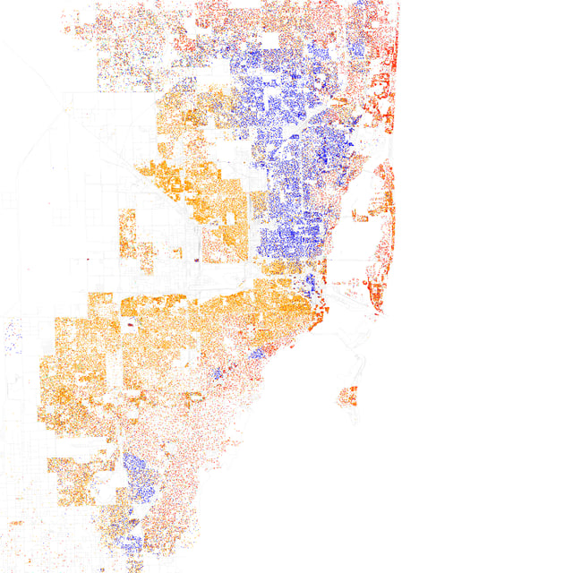 Map of racial/ethnic distribution in Miami, 2010 U.S. Census. Each dot is 25 people: Non-Hispanic White, Hispanic, Black, Asian