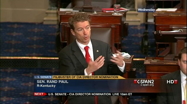 Rand Paul speaking during filibuster on the Senate floor on March 6, 2013.