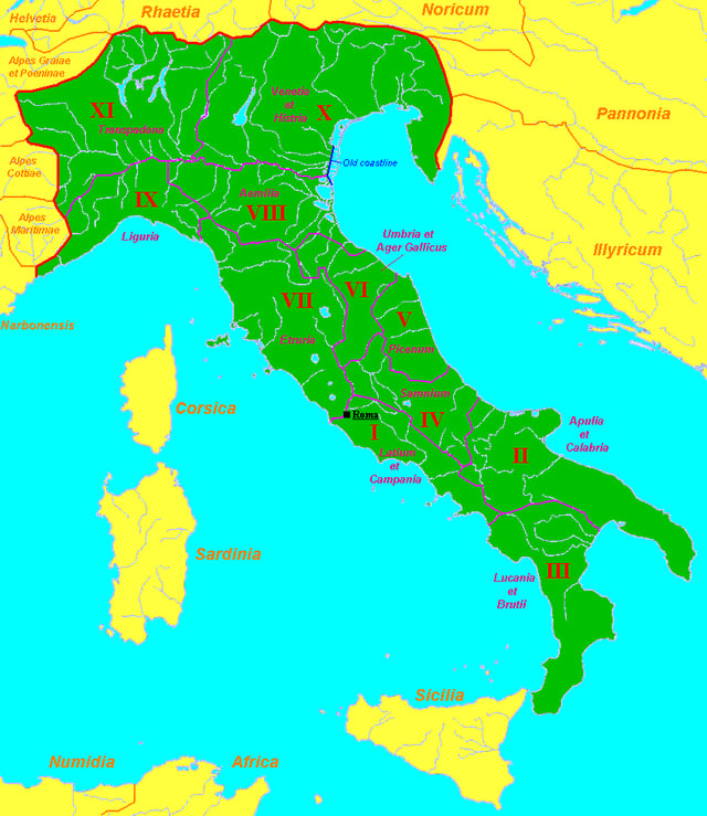 Italy organized by Augustus. As the homeland of the Romans and metropole of the empire, Italy was the Domina (ruler) of the provinces, and was referred as the "rectrix mundi" (queen of the world) and "omnium terrarum parens" (motherland of all lands).