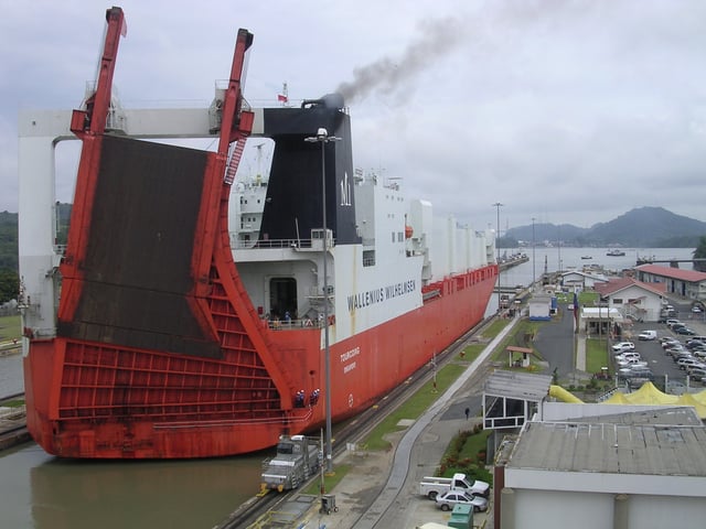 Roll-on/roll-off ships, such as this one pictured here at Miraflores locks, are among the largest ships to pass through the canal.