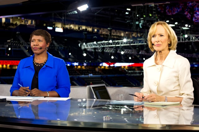 Gwen Ifill and Judy Woodruff at the 2012 Republican National Convention