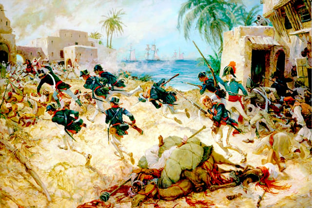 Marines leading Arab mercenaries to victory under U.S. Navy Lieutenant William Eaton and U.S. Marine Corps First Lieutenant Presley O'Bannon during the Battle of Derna