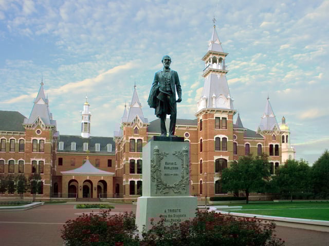 Rufus Columbus Burleson statue in front of Burleson Quadrangle at Baylor University
