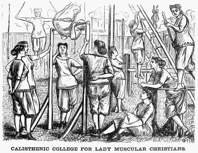 Ladies performing a common 19th century fitness routine including climbing the underside of a ladder, balancing and gymnastics.