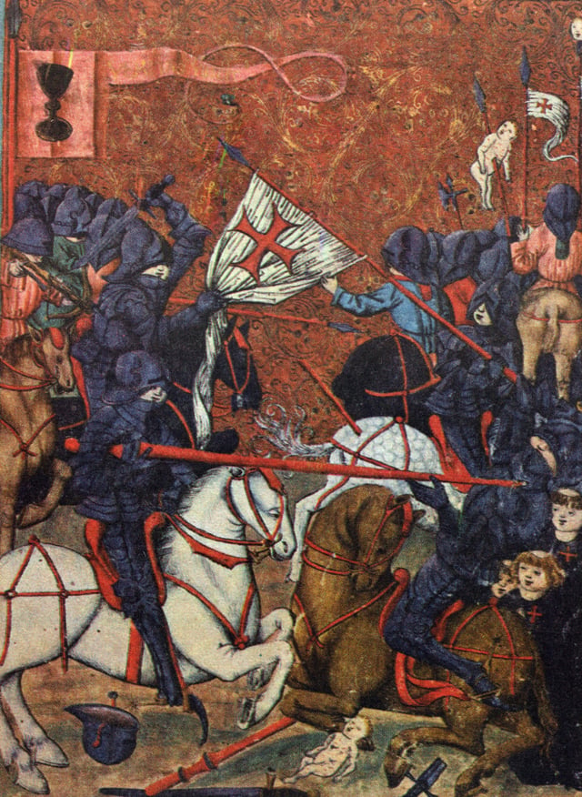 Battle between Protestant Hussites and Catholic crusaders during the Hussite Wars; Jena Codex, 15th century