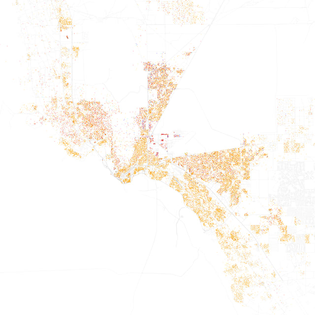 Map of racial distribution in El Paso, 2010 U.S. Census. Each dot is 25 people: White, Black, Asian, Hispanic (of any race), or Other (yellow)