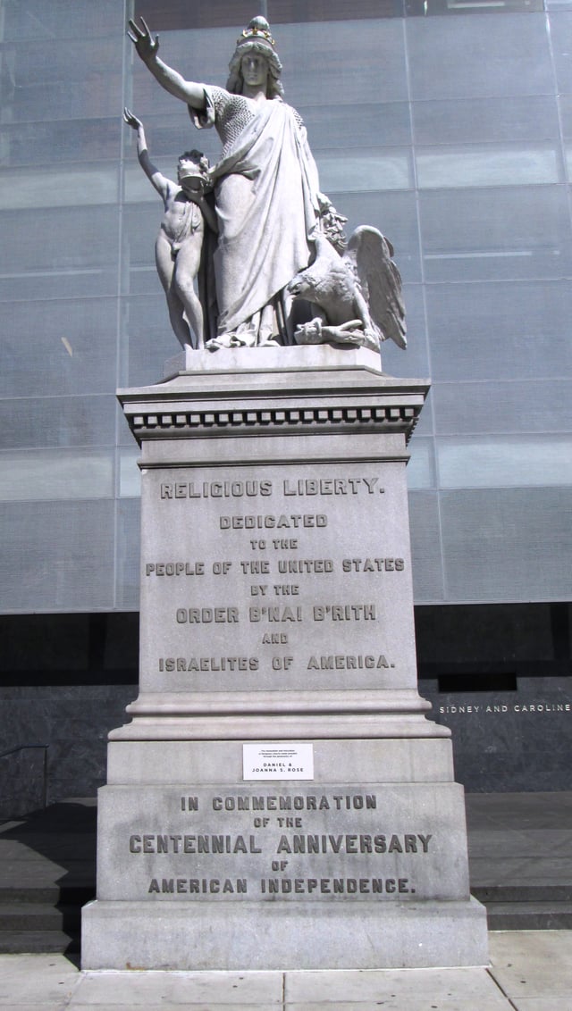 Religious Liberty, a statue commissioned by B'Nai B'rith for the 1876 Centennial Exposition and dedicated "to the people of the United States". By Moses Jacob Ezekiel, a B'nai B'rith member and the first American Jewish sculptor to gain international prominence.