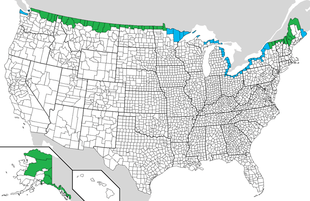 U.S. counties sharing a land or water border with Canada  Land border  Water border