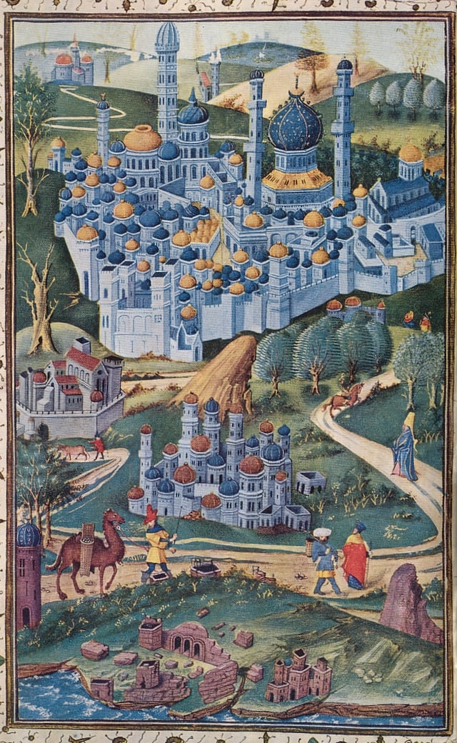 1455 painting of the Holy Land. Jerusalem is viewed from the west; the octagonal Dome of the Rock stands left of Al-Aqsa, shown as a church, and the Church of the Holy Sepulchre stands on the left side of the picture.