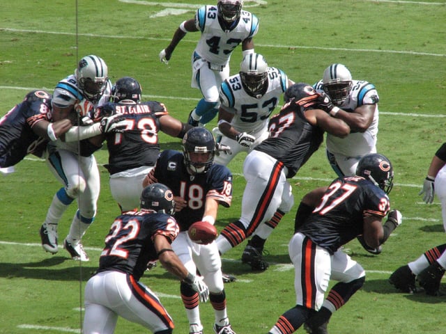 Forte takes a handoff from Kyle Orton while playing against the Carolina Panthers in September 2008