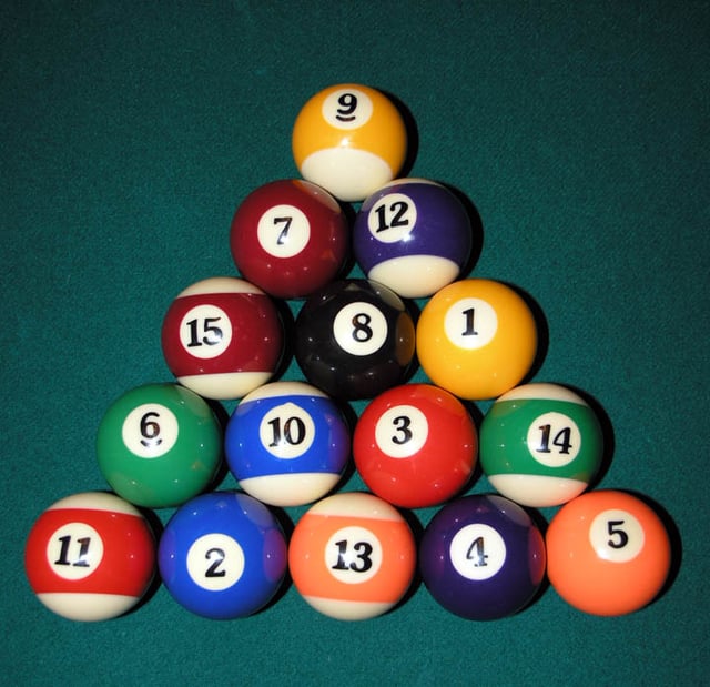 Eight-ball rack: Full rack of fifteen balls, ready for the break shot.