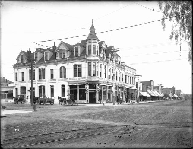 Exterior view of the Bank Building at the corner of Third Street and Broadway, Santa Monica, ca. 1900