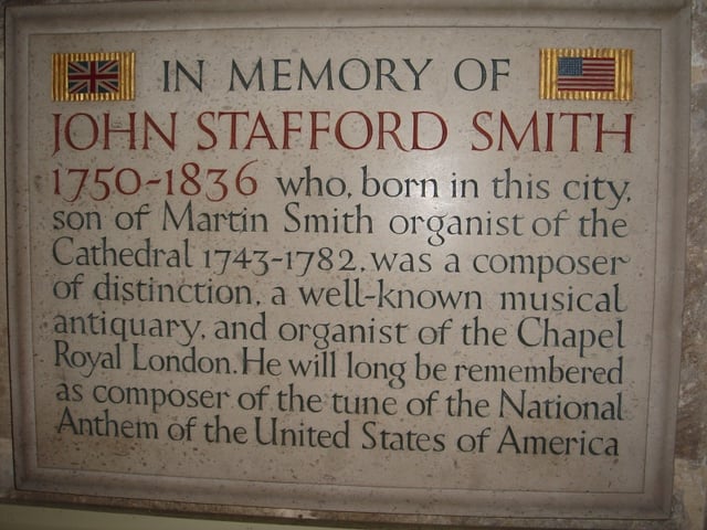 A memorial to John Stafford Smith in Gloucester Cathedral, Gloucester, England