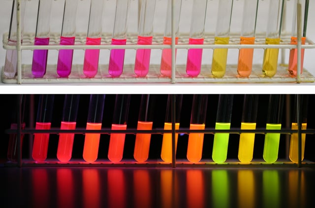 Colors of a single chemical (Nile red) in different solvents, under visible and UV light, showing how the chemical interacts dynamically with its solvent environment.