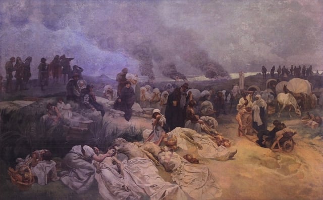 Painting of Chelčický instructing others to not repay evil with evil (by Alphonse Mucha)