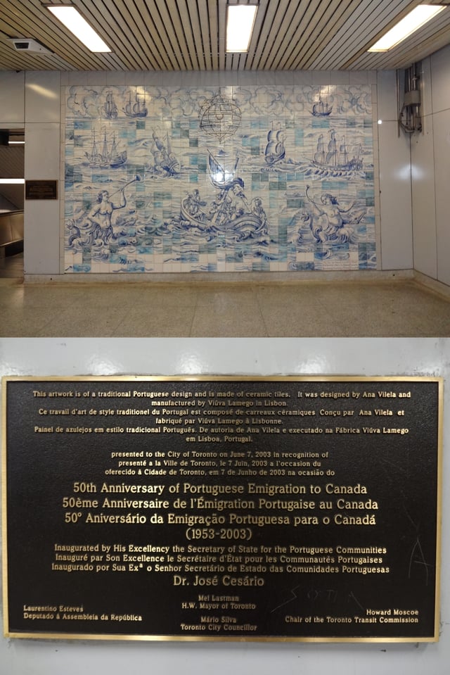 Explorer João Álvares Fagundes commemorative monument surrounded by Portuguese pavement, in Halifax (up) and Azulejos, sign and frame about Portuguese immigration inside a subway station  in Toronto (down) , both in Canada