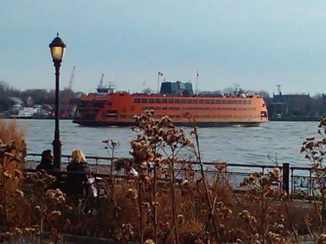 The Staten Island Ferry, seen from the Battery, crosses Upper New York Bay, providing free public transportation between Staten Island and Manhattan.