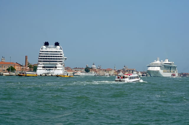 Cruise ships access the port of Venice through the Giudecca Canal.