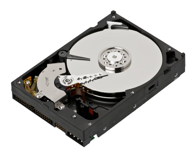 A hard disk drive with protective cover removed