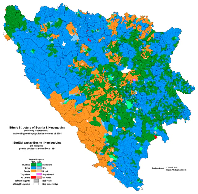 Ethnic map of Bosnia and Herzegovina in 1991  Bosniaks   Serbs   Croats