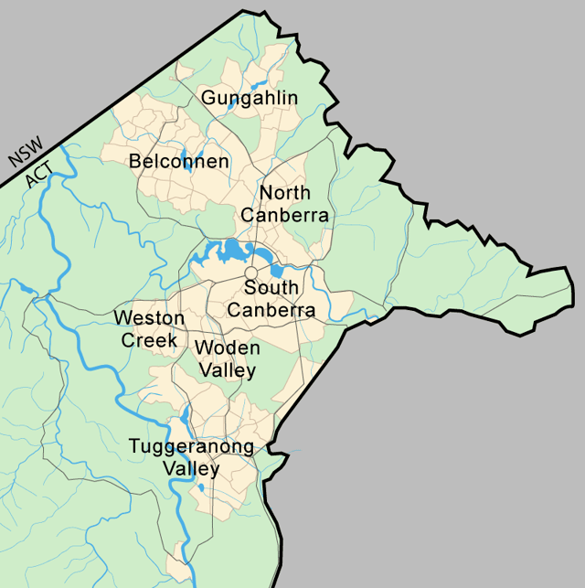 The location of Canberra within the ACT. Canberra's main districts are shown in yellow: Canberra Central (marked as North Canberra and South Canberra), Woden Valley, Belconnen, Weston Creek, Tuggeranong, and Gungahlin.