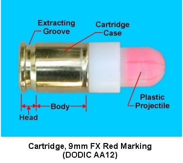 A red marking Simunition round