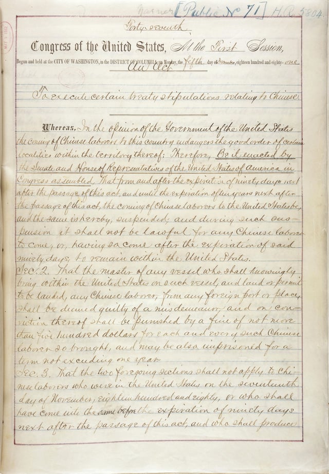 The first page of the Chinese Exclusion Act of 1882