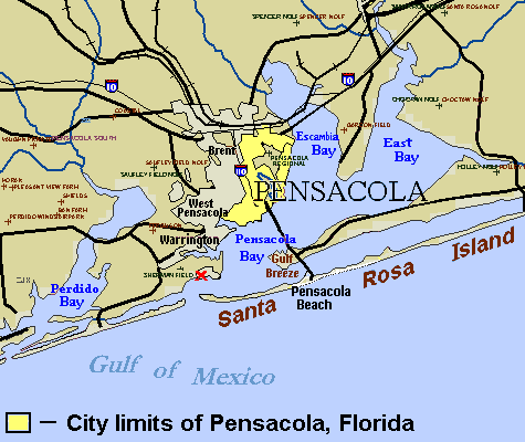Pensacola: Site of 1698 settlement near Fort Barrancas is marked "X" (above left end of Santa Rosa Island).