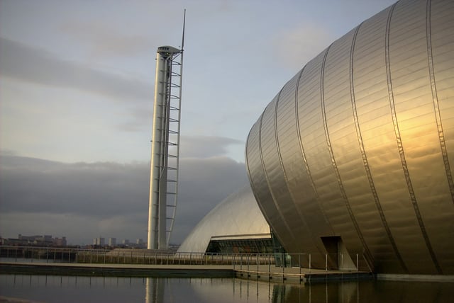 Glasgow Tower, Scotland's tallest tower, and the IMAX Cinema at the Glasgow Science Centre symbolise the increase in the importance of tourism to the city's economy.