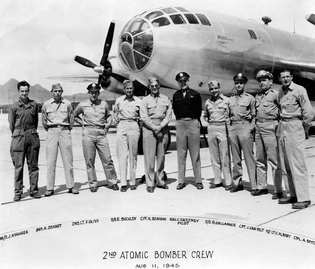The Bockscar and its crew, who dropped a Fat Man atomic bomb on Nagasaki