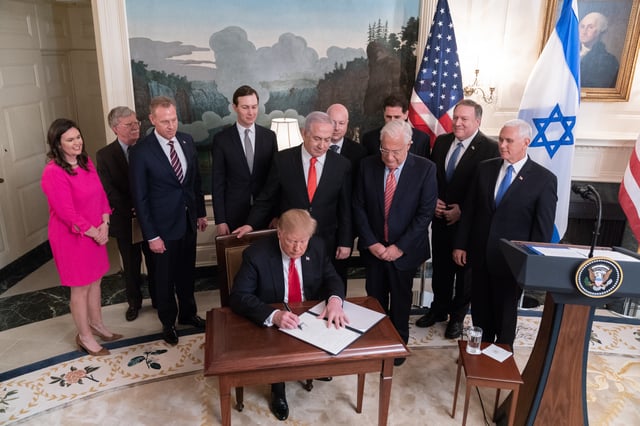 President Trump, joined by Kushner and Netanyahu behind, signs the proclamation recognizing Israel's 1981 annexation of the Golan Heights, March 2019
