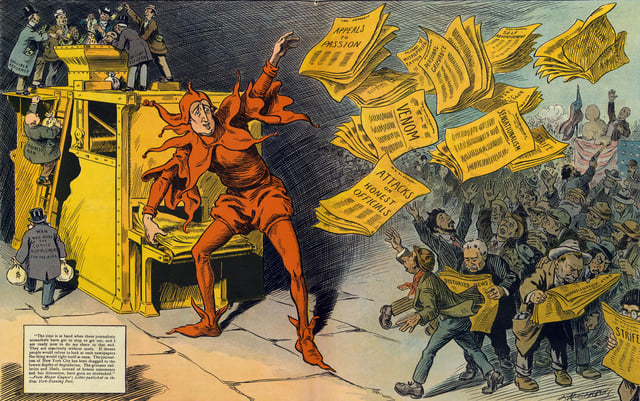 "The Yellow Press", by L. M. Glackens, portrays William Randolph Hearst as a jester distributing sensational stories