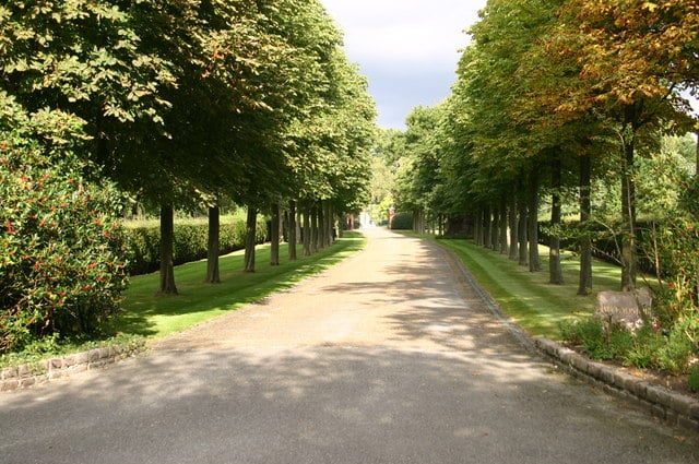 The lined drive to Elton John's home in Woodside in Old Windsor, Berkshire