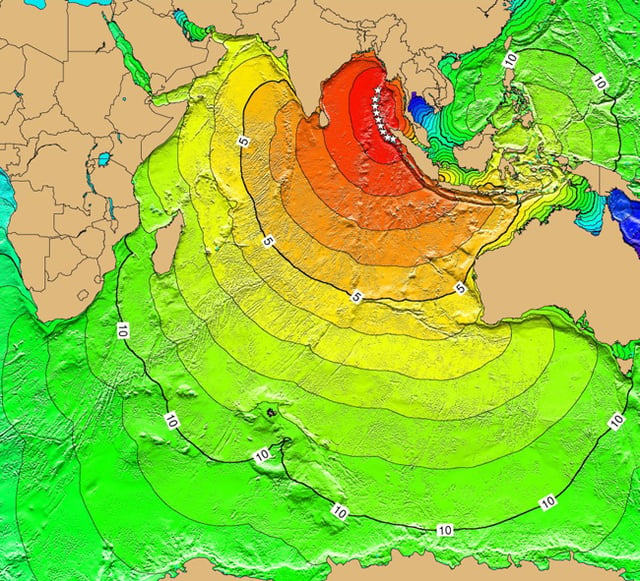 The tsunami's propagation took 5 hours to reach Western Australia, 7 hours to reach the Arabian Peninsula, and did not reach the South African coast until nearly 11 hours after the earthquake