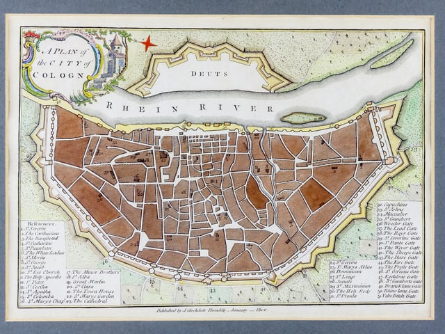 A plan published in 1800 shows the mediaeval city wall still intact, locating 16 gates (Nr. 36-51 in the legend), e.g. 47: Eigelsteintor, 43: Hahnentor, 39: Severinstor