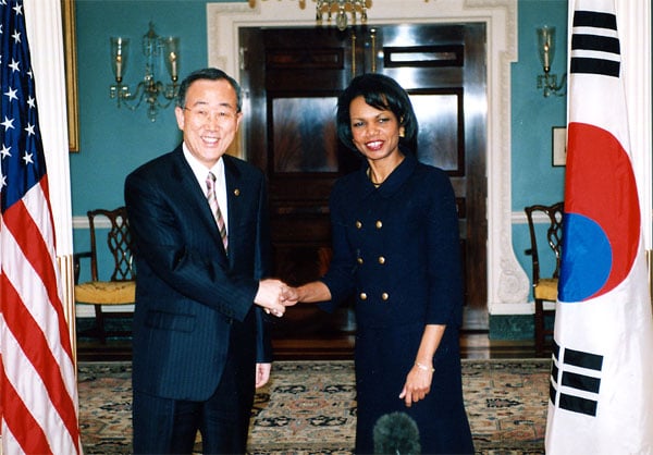 Ban, left, with U.S. Secretary of State Condoleezza Rice in January 2006