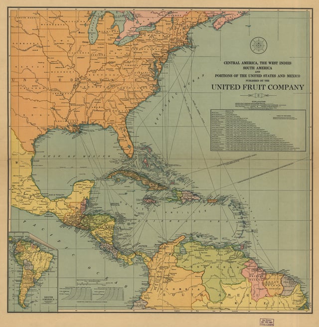 Route Map of the Great White Fleet of the United Fruit Company. The company had held the monopoly of freight and passenger maritime transportation to and from Puerto Barrios in Guatemala since 1903.