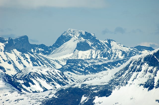 Galdhøpiggen, the highest mountain in Norway and Northern Europe, at 2,469 m (8,100 ft)