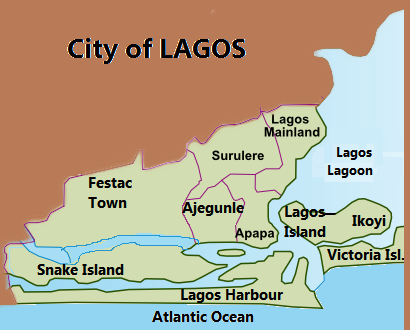 Map of Lagos' initial city boundaries, showing its contemporary districts. Note that this definition is rarely used in present day; the expanded metropolitan area is now a more accepted definition of Lagos.
