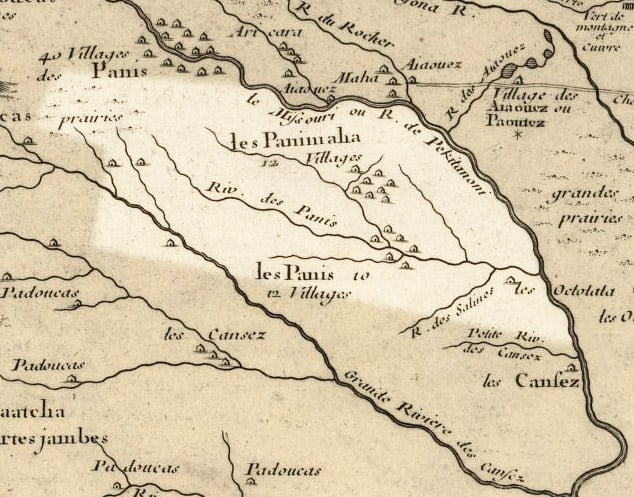 Nebraska in 1718, Guillaume de L'Isle map, with the approximate area of the future state highlighted