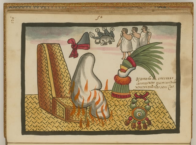 The Aztec emperor Ahuitzotl being cremated. Surrounding him are a necklace of jade and gold, an ornament of quetzal feathers, a copilli (crown), his name glyph and three slaves to be sacrificed to accompany him in the afterlife.