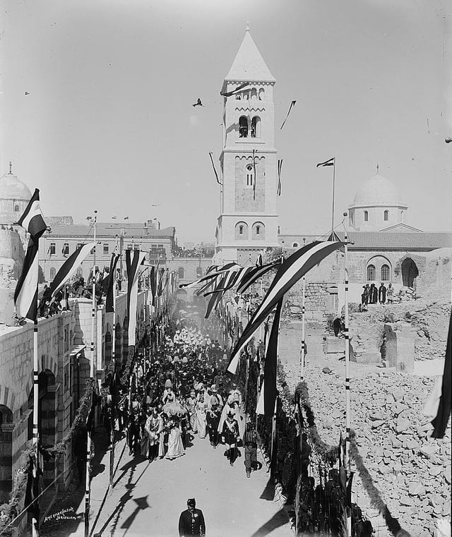 Emperor Wilhelm II, who was the Supreme Governor of the Evangelical Church of Prussia's older Provinces, and Empress Augusta Victoria after the inauguration of the Evangelical Church of the Redeemer in Jerusalem (Reformation Day, 31 October 1898)