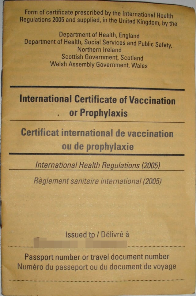 An International Certificate of Vaccination required to prove that someone has been vaccinated against yellow fever
