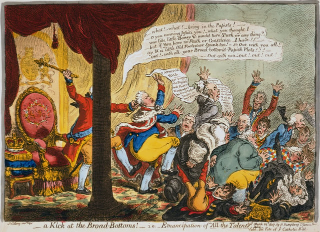 In A Kick at the Broad-Bottoms! (1807), James Gillray caricatured George's dismissal of the Ministry of All the Talents.