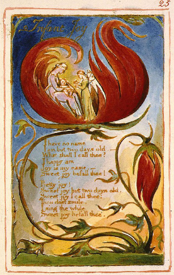 A mother wishes joy towards her child in William Blake's poem "Infant Joy". This copy, Copy AA, was printed and painted in 1826, is currently held by the Fitzwilliam Museum.