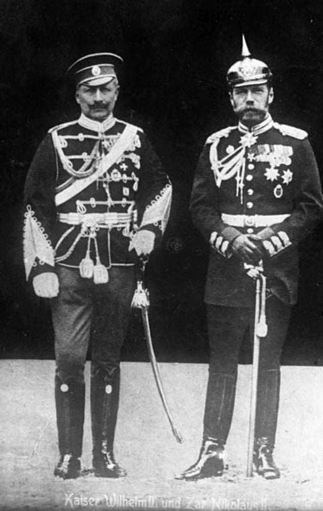 Nicholas II (right) with Kaiser Wilhelm II of Germany in 1905. Nicholas is wearing a German Army uniform, while Wilhelm wears that of a Russian hussar regiment.