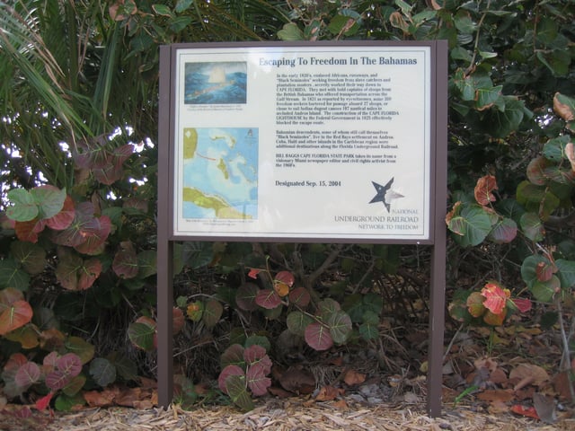 Sign at Bill Baggs Cape Florida State Park commemorating hundreds of African-American slaves who escaped to freedom in the early 1820s in the Bahamas