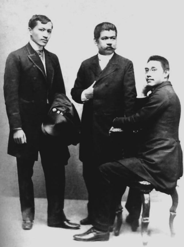 Leaders of the reform movement in Spain: left to right: José Rizal, Marcelo H. del Pilar, and Mariano Ponce (c. 1890)