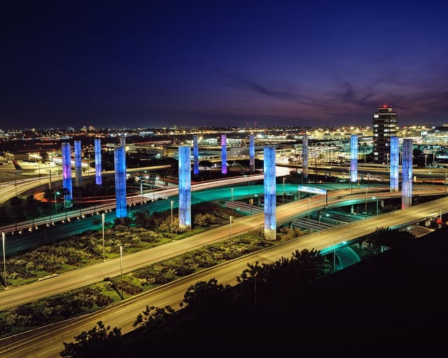 The light towers, first installed in preparation for the Democratic National Convention in 2000, change colors throughout the night