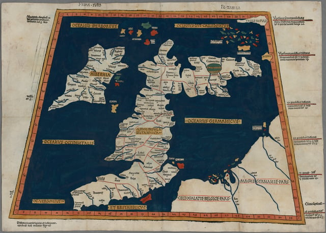Prima Europe tabula. A 1486 copy of Ptolemy's 2nd-century map of Roman Britain